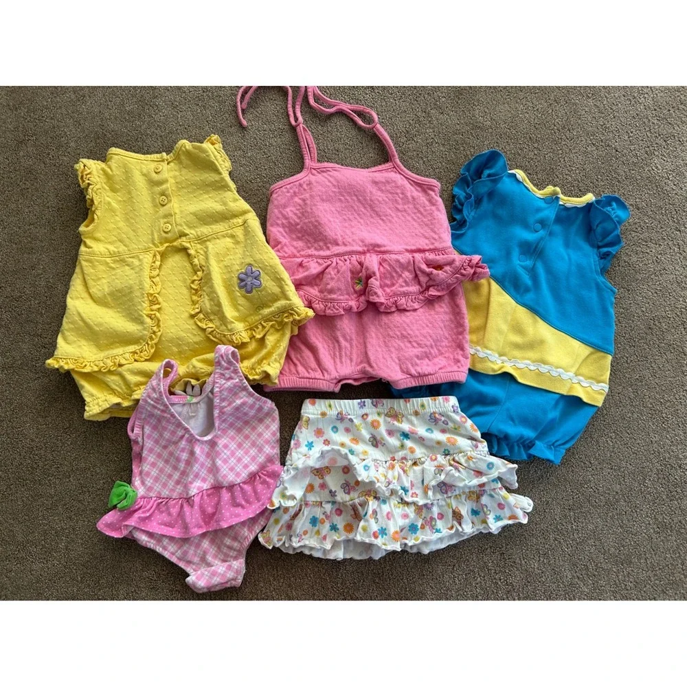 Vintage Baby Summer Lot 6-9 Months Okie Dokie Rompers Skirt Baby Buns Swimsuit